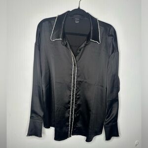 Black satin rhinestone button down blouse